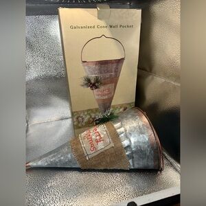 Cracker Barrel Galvanized Cone Wall Pocket with Red Accents